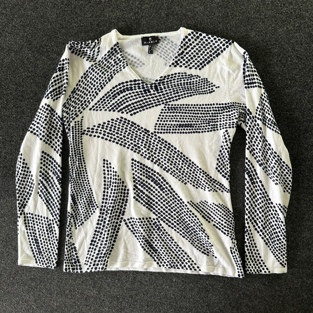 Marble Womens V-Neck Abstract Dot Print Sweater Black White Viscose Blend Small
